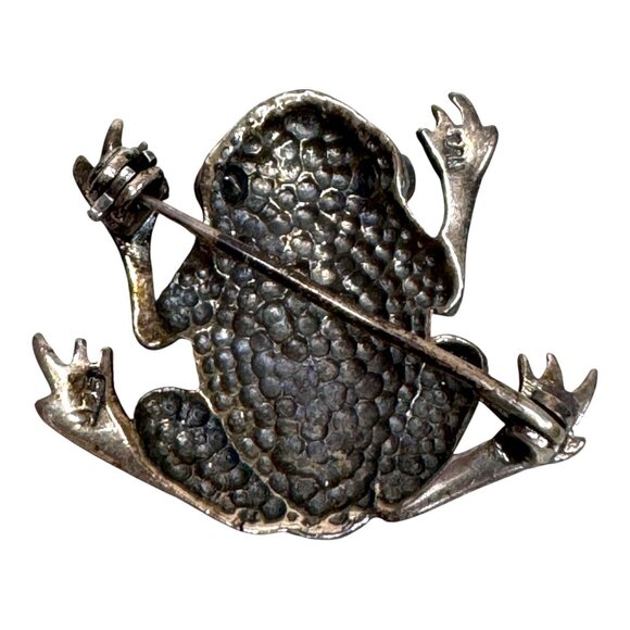 Vintage 925 sterling silver vintage marcasite Frog brooch black gem eyes pin - Picture 3 of 6